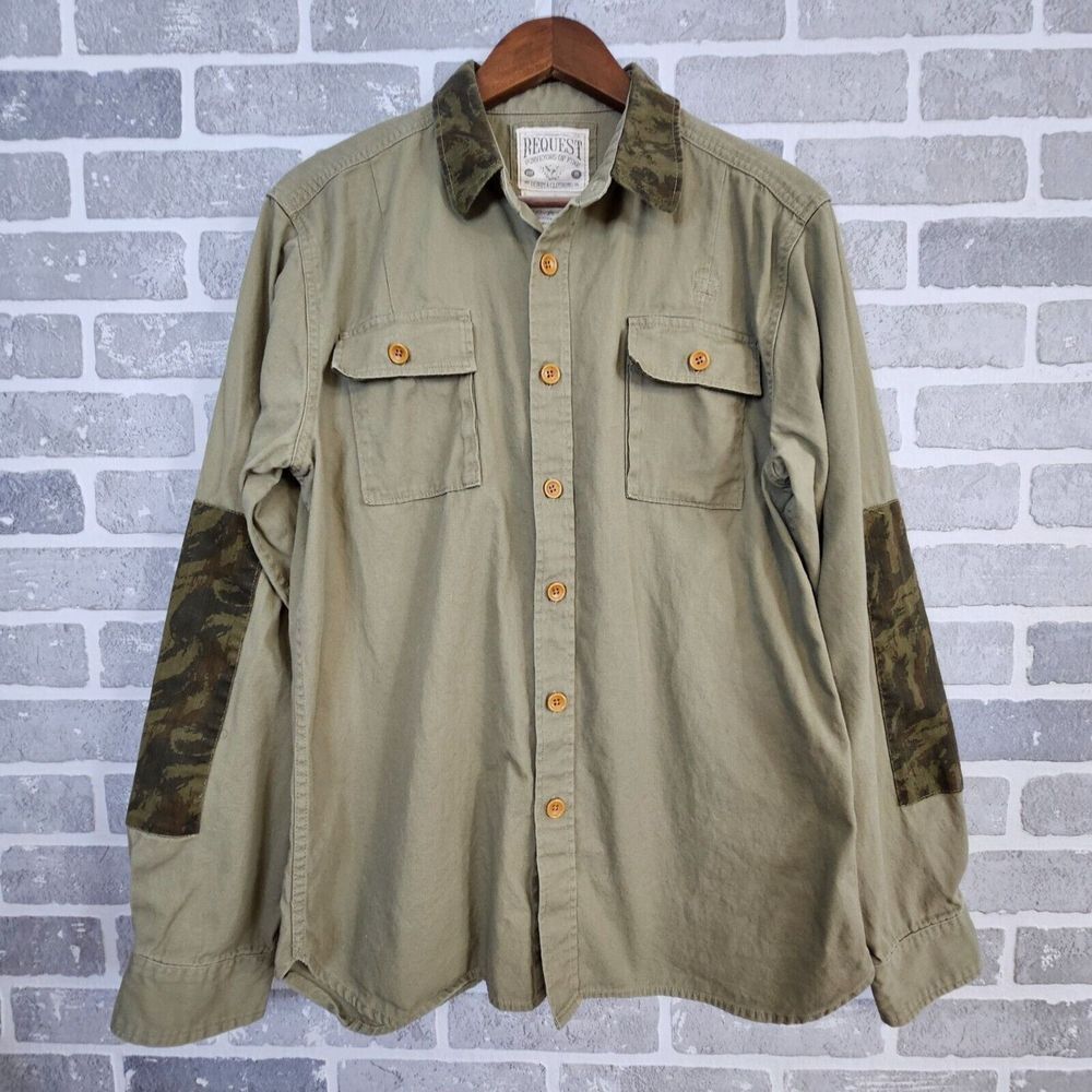 Request Purveyors of Fine Denim Clothing Shirt Mens L Green Camo Fishing Hunting